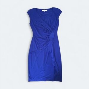 Evan Picone K Kasper Royal Blue V-Neck Cascade Ruffle Sheath Dress Size 12